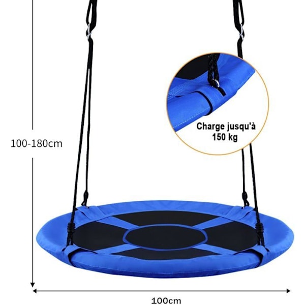 COSTWAY Rund Fågelbo Gunga 100 CM Barn för utomhusträd Justerbara hängrep 100-180 cm-150 KG-Blå