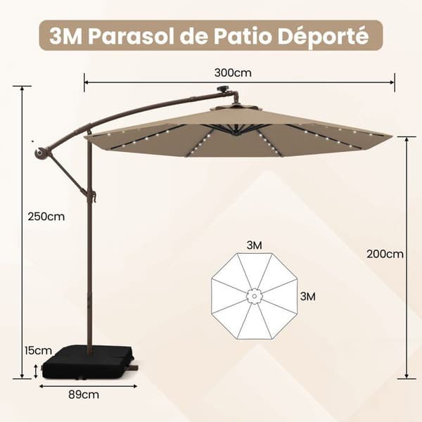 COSTWAY Ubeskygget Parasol 3M med 40 LED-lamper Solpanel 6 Timer, Krydsbase Sandpose UV 20+ Polyesterstof Brun brun
