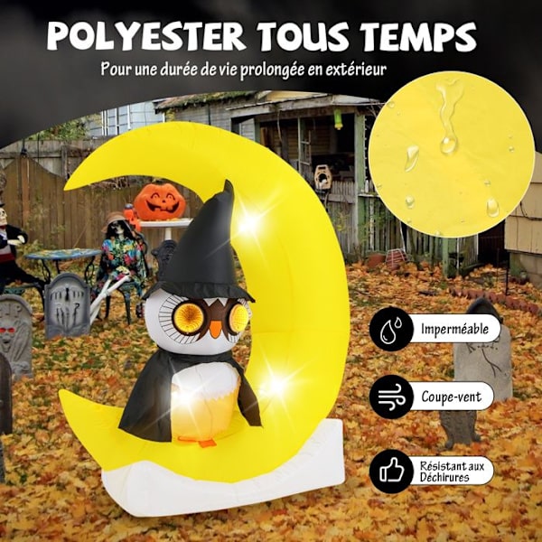 Lysende Halloween dekoration H155 cm - COSTWAY - Oppustelig Troldugle på Månen - Integreret blæser - Stake og sandsæk