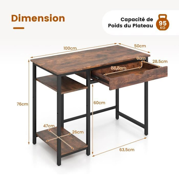 COSTWAY industrielt computerbord 100 x 50 x 76 cm med skuffe og justerbar hylde, 2 kroge, metalramme, brun