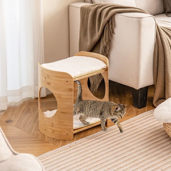 COSTWAY 2-vånings kattmöbler, katttorn med ram av naturlig bambu, avtagbara och tvättbara plyschkuddar Natur och vit