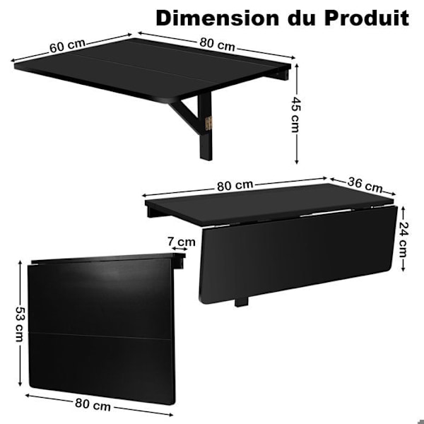 COSTWAY Foldevægbord - Sammenklappelige plader 80×60 cm (L x B) - Foyermøbler til Studerende, Lejligheder, Køkken Sort