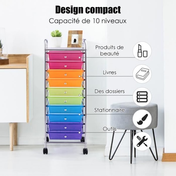 COSTWAY-säilytystorni pyörillä - 10 laatikkoa 32,5 x 37 x 86 CM, A4-muoto ja värikäs kirjain