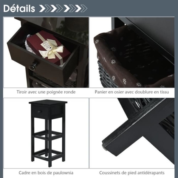 COSTWAY Sängskåp Nattduksbord med 1 låda och 2 avtagbara flätade korgar, Paulownia träram Vintage Style Black