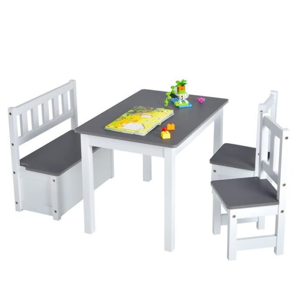 COSTWAY barnbord och stolar, med bord, 2 stolar och 2-i-1 förvaringsbänk, för att studera och äta, grå