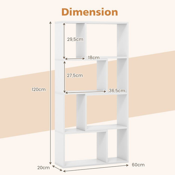 COSTWAY Geometrisk reol med 4 niveauer, H 120 cm, åbne opbevaringshylder med 8 rum, til kontor i stue soveværelse, hvid Vit