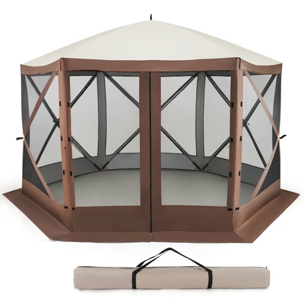 Tonnelle 350 x 350 cm med Omslagsöppning - COSTWAY - 6 Sidor med Nätväggar 2 Avtagbara Vindskydd - 8 till 10 Personer