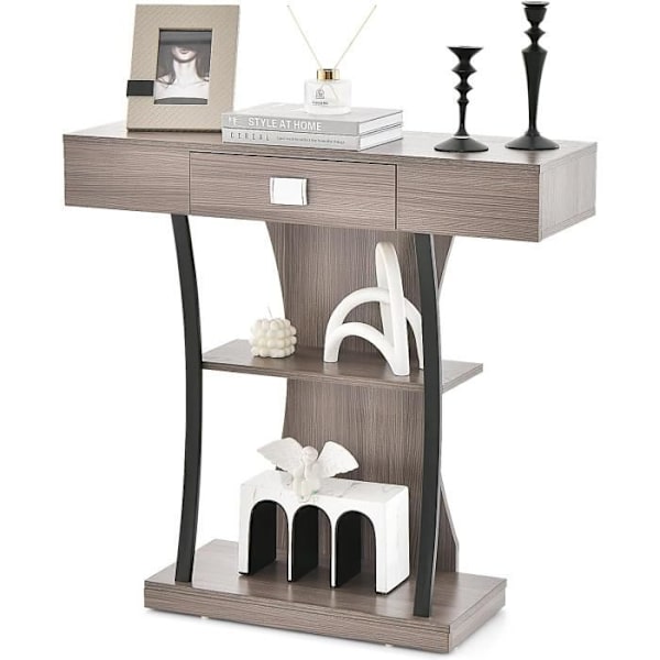 COSTWAY konsolbord, entrémöbler - 3 hyllor, 1 låda - L91 x D30 x H88 - Grå skandinavisk stil