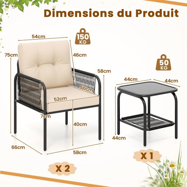 COSTWAY Glasbord og 2 Havestole, 3-delt Rattan PE Patiosæt med Hynder