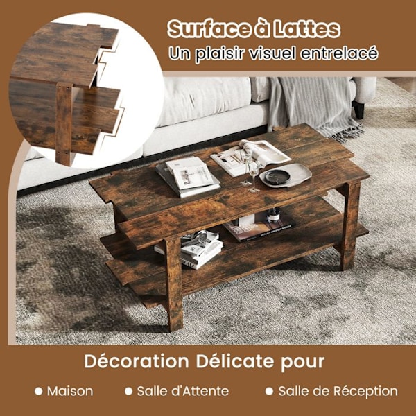 Salontable Basse med 2 Niveaux COSTWAY, Lameltræ, Opbevaringshylde, Rektangulær Accentbord Totalbelastning 120KG, Valnød