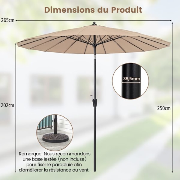 COSTWAY Terrasseparasol Dia. 265CM, med 18 Spidse i Glasfiber, Knap-vippemekanisme, Vippehåndtag, Brun