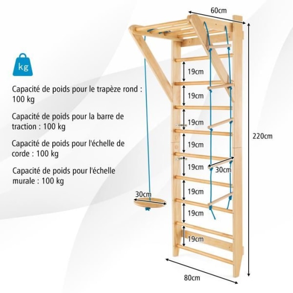 COSTWAY 4 i 1 träväggstänger med 9 stänger för hemmaträning, 80 X 60 X 220 CM, belastning 100 kg, 12 tillbehör ingår Naturlig