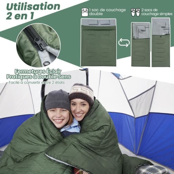 COSTWAY dubbelsovsäck 2 personer 220 x 150 cm med 2 kuddar och vattentät bärväska för campingvandring Green