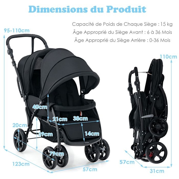 COSTWAY Twin Barnvagn Vikbar Dubbel Baby Baldakin Justerbar Canopy Cane Barnvagn 4 Hjul Anti-chock 5 Point Sele-30kg-Svart