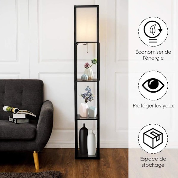 COSTWAY Vardagsrumsgolvlampa med 3 förvaringshyllor i trä 26 x 26 x 160 cm Scandinavian Design Stålampa för sovrum 60W Vit