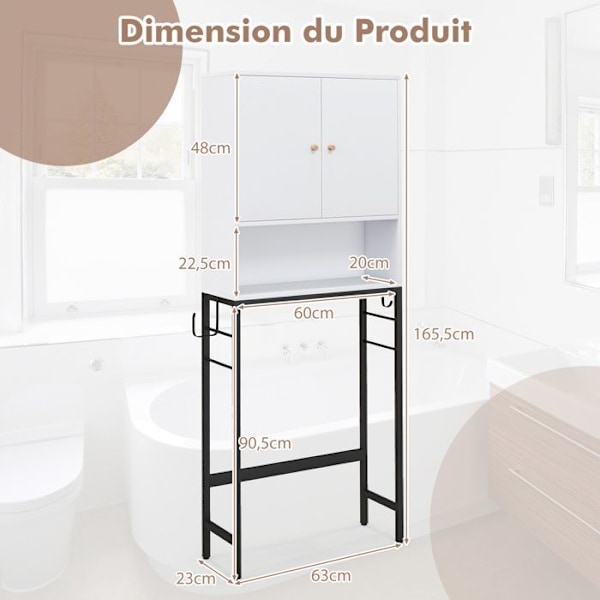 COSTWAY toiletenhed over toilet med 2 døre, justerbar hylde, justerbar bundstang, 2 sidekroge, hvid