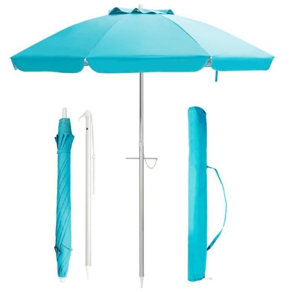 COSTWAY Rynket, Sammenklappelig Strandparasol Ø198 CM UV 50+ Beskyttelse med Trykknap Transporttaske til Patio Pool Blå Blå