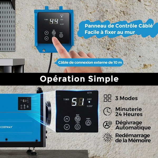 Professionell avfuktare COSTWAY-58,5 L/Dag-3 lägen-24 H-timer-Avloppsslang-Automatiskt avfrostning-Källare-Lager-Blå