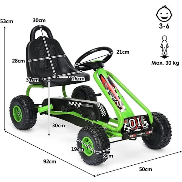 COSTWAY Go Kart barncykel och fordon justerbar sits med handbroms utomhus pojkar och flickor 3-6 år grön Grön