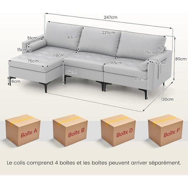 COSTWAY 3-4 personers hjørnesofa, luftlæder med 2 USB-porte, venstre eller højre, 3 hynder, 240 x 130 x 80 CM Grå Ljusgrått