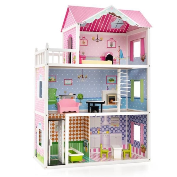 Dockhem - COSTWAY - 10 möbler med 3 våningar, 80 x 33 x 114 cm Presenter till barn 3 år+ rosa