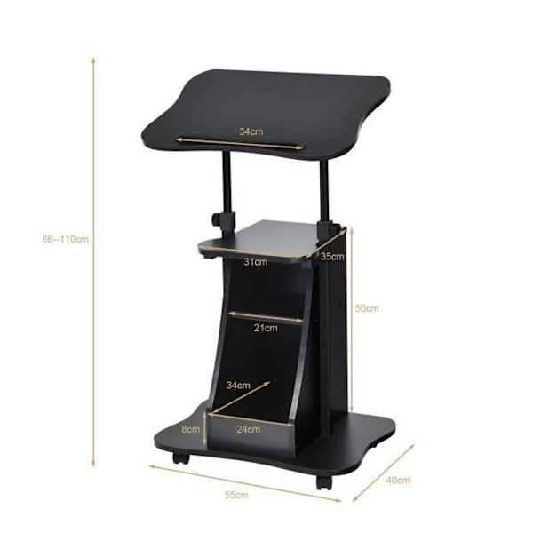 COSTWAY Computer oversengsbord på hjul Justerbar højde 66-110 cm vipbar vinkel med 2 opbevaringsenheder til kontor, hjemme