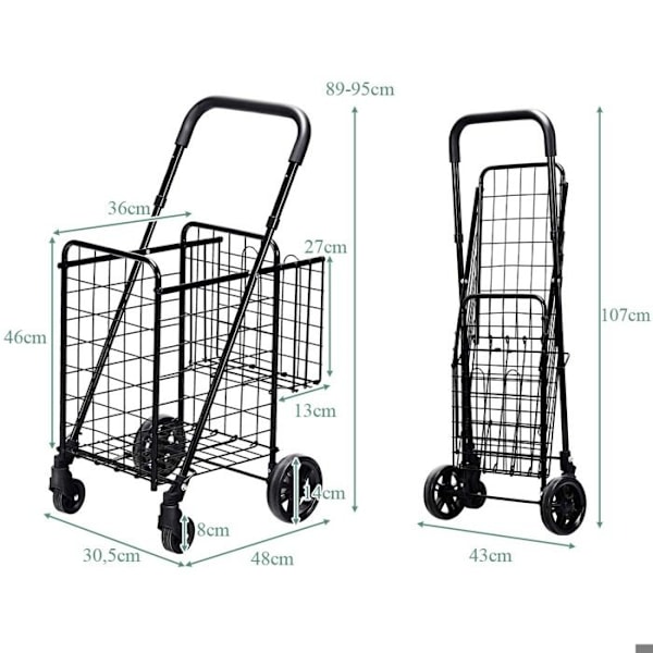 COSTWAY Sammenklappelig Shoppingvogn - 4 Hjul - 2 Kurv (48L + 10L), Stål - Maks. belastning: 20 KG - Indkøbskurv-Sort Svart