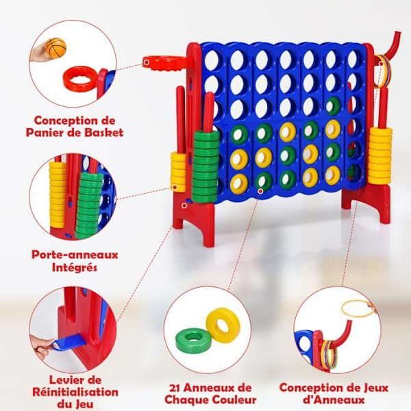 COSTWAY Games Power 4 Giant Multifunction 3 i 1 med Basket Hoop Side Rings Game 42 Rings for Kids Red Flerfärgad