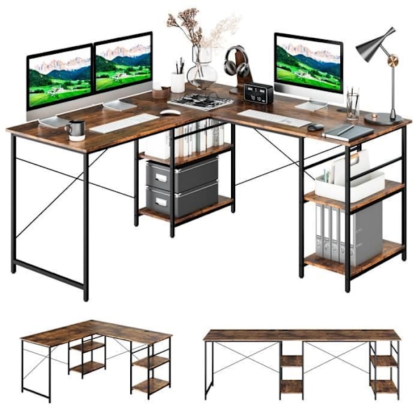 COSTWAY hjørneskrivebord - 151 x 151 x 75 CM - Justerbart til lige skrivebord, 4 opbevaringshylder, stort bord til 2 personer Brun kastanj