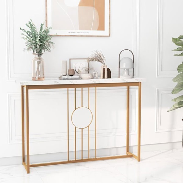 COSTWAY Konsolbord, Entrémöbel med marmoreffekt 120 x 30 x 80,5 CM (L x B x H) - Guldmetallram, skandinavisk stil vitt och guld