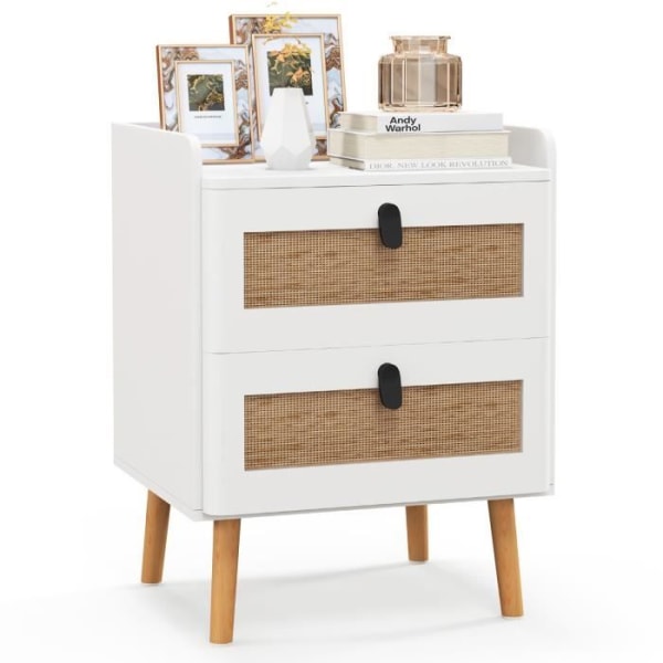 COSTWAY sengebord med 2 rattanskuffer, moderne sidebord, til soveværelse, stue, 45 x 40 x 57 cm Hvid