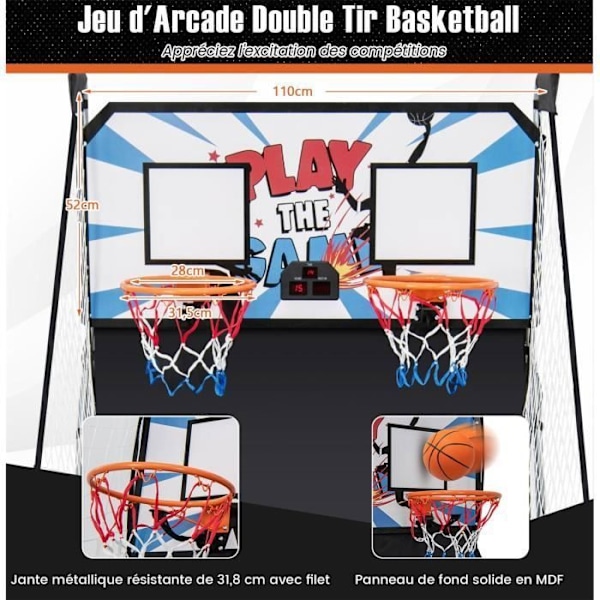 COSTWAY Double Basket taitettava Arcade koripallovanne 8 pelitilassa Electronic Score LCD-näyttö 4 pelaajan peli