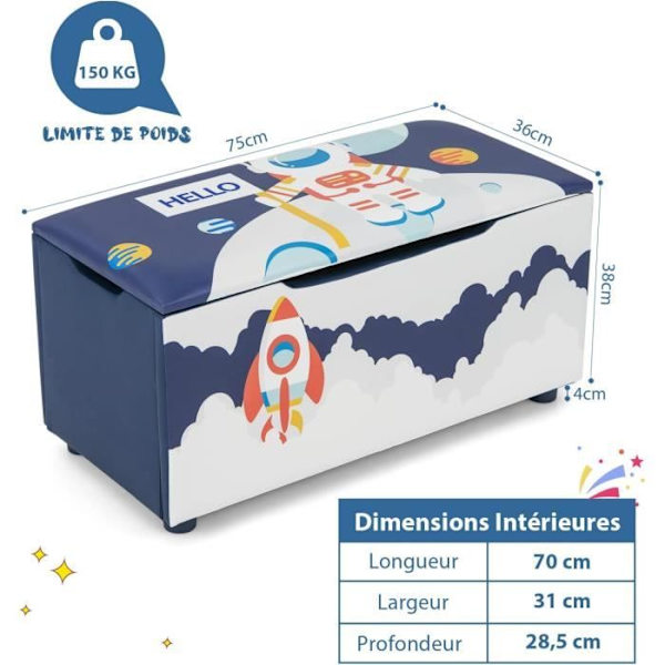 COSTWAY Legetøjskasse 103L - 75 x 36 x 38 cm (L x B x H) Aftageligt låg, Legetøjsopbevaring, Polstret sæde, Astronauts Blue Blå och vit