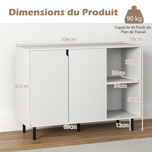 Buffet keittiö 106cm COSTWAY, 2 ovea, säädettävät hyllyt, kaatumisen estämisjärjestelmä, säilytyskaluste eteiseen ruokasaliin. Vit
