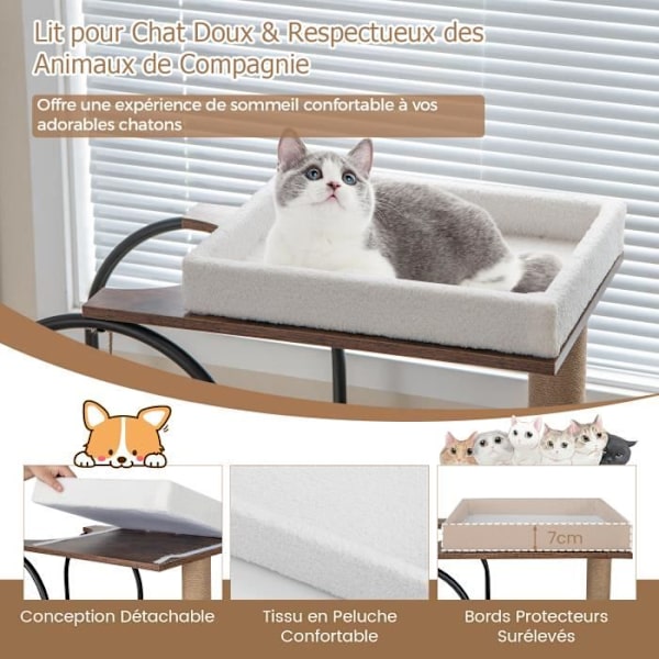 COSTWAY Cat Tree 118 CM 4 niveauer - metalramme, lejlighed, kradsestolper, hængende pomponer, top aborre - hvid