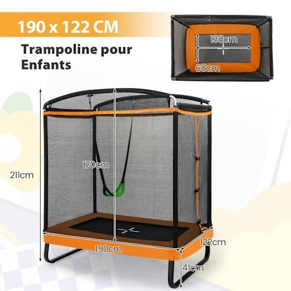 COSTWAY studsmatta för barn rektangulär 190x122cm 3 i 1 med gunga, horisontell stång-40 galvaniserade fjädrar 100 kg-gul svart och orange