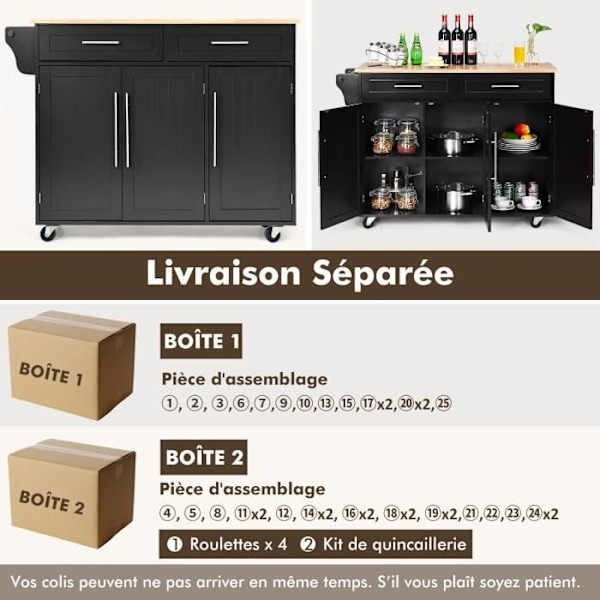 COSTWAY keittiövaunu/pyörillä oleva vaunu, Kitchen Island veitsenpidikkeellä, pyyheteline, 3 ovea ja 2 laatikkoa, musta