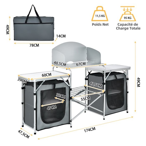 COSTWAY Foldable Havebord, Opbevaringshylde, Vindskærm Beskyttelse, Transporttaske, til Camping Picnic Festival Grå