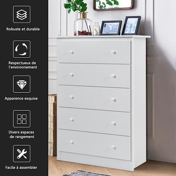 COSTWAY soveværelses kommode med 5 skuffer med glatte glideskinner, skandinavisk design, anti-vippeanordning, 80x40x115cm, hvid