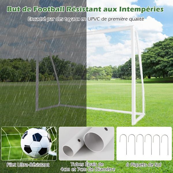 COSTWAY Fodboldmål 245 x 182 cm - Vejrbestandig UPVC-ramme - 5 levende fodboldkegler - Ground Stakes - Net inkluderet