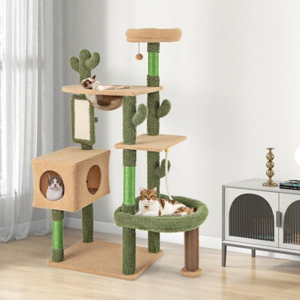 COSTWAY Cactus Cat Tree 150 cm Flernivå, skrapstolpar, sisalrep, lägenhet, abborre, självvårdande, hängande leksak Färg: Grön + brun