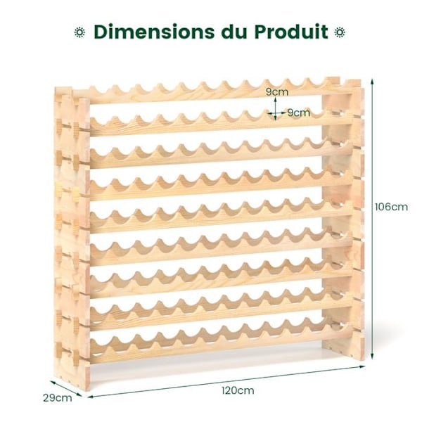Modulaarinen COSTWAY-viiniteline, jossa 9 hyllyä 108 pullolle, viinihyllyn pulloteline mäntyä, 120 x 29 x 106 CM Naturlig