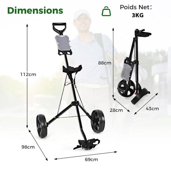 COSTWAY Golf Trolley 2 Hjul Foldbar EVA med Slots til 4 Tees 4 Bolde og Scoreboard Jernramme Justerbar Strap