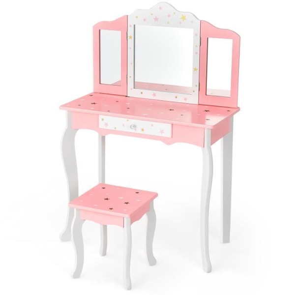 COSTWAY sminkbord och pallset för barn, avtagbar 3-faldig spegel, sminkbord med låda Rosa
