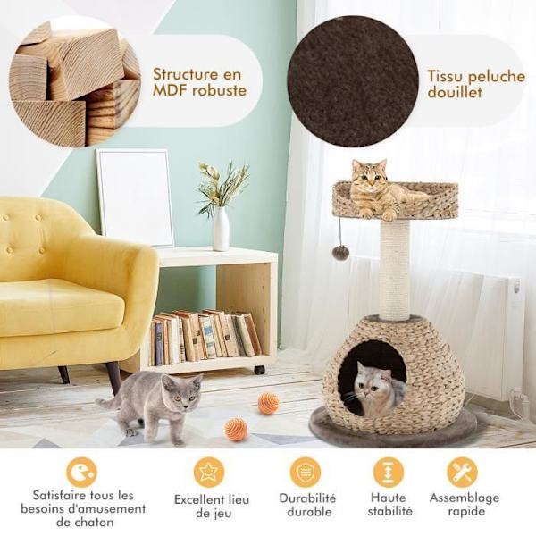 COSTWAY Cat Tree H 70,5 CM Niche-raapimistolppalla ja ripustettavalla Pompomilla ja kahvilla Beige och kaffe