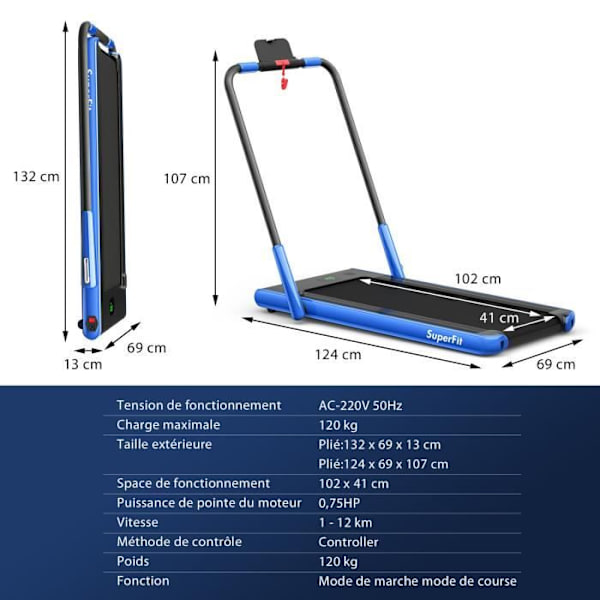 COSTWAY Foldbart Løbebånd APP Kontrol 1-12 KM-H 0,75HK Motor Bluetooth Højttaler Transporthjul Blå LED-skærm