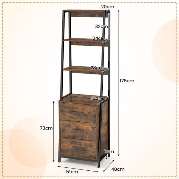 COSTWAY Industriel reol 4 niveauer - 3 åbne hylder - 3 skuffer - Anti-vippeanordning - Stuekontor - Brun kastanj