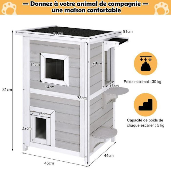 COSTWAY 2 Level Cat House, 51 x 51 x 81 CM, Cat Kennel med öppningstak, 3 utgångar och 2 hoppplattformar Grå och vit