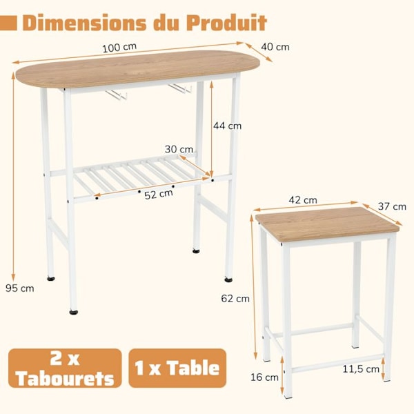 COSTWAY Ensemble 3 Delar - Ovalt Matbord och 2 Barstolar - Flaskhållare, Vinhållare för Kök, Bistro Naturalen