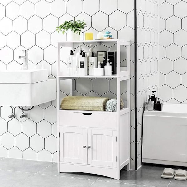 Badrumsskåp WC Förvaringsenhet - COSTWAY - Vit - Låda - 2 öppna hyllor - Dubbeldörr